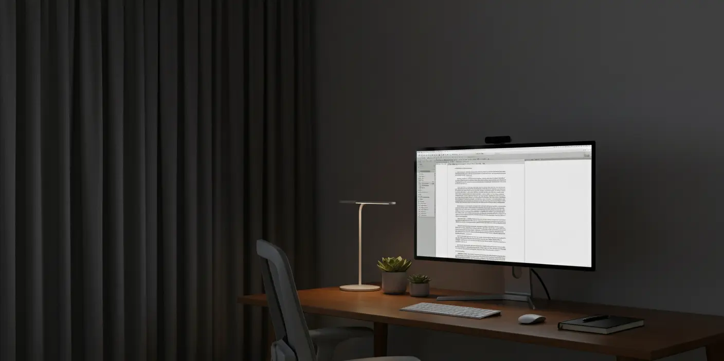 Office workspace with curtain closed, controlled soft light and reduced glare.