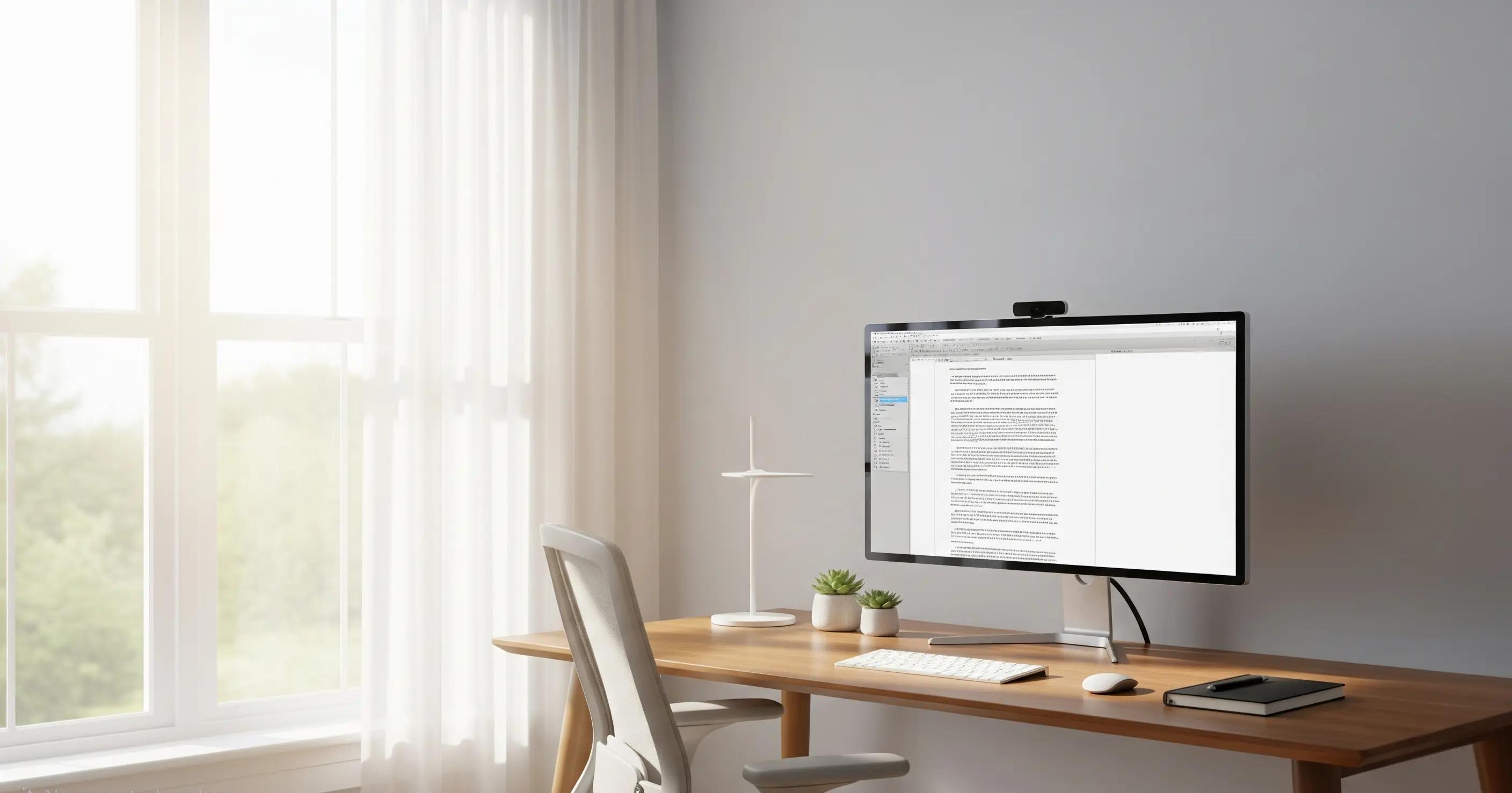 Office workspace with curtain open and bright daylight entering.