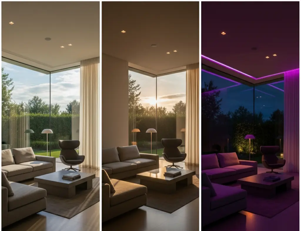 Day to evening to night lighting transition