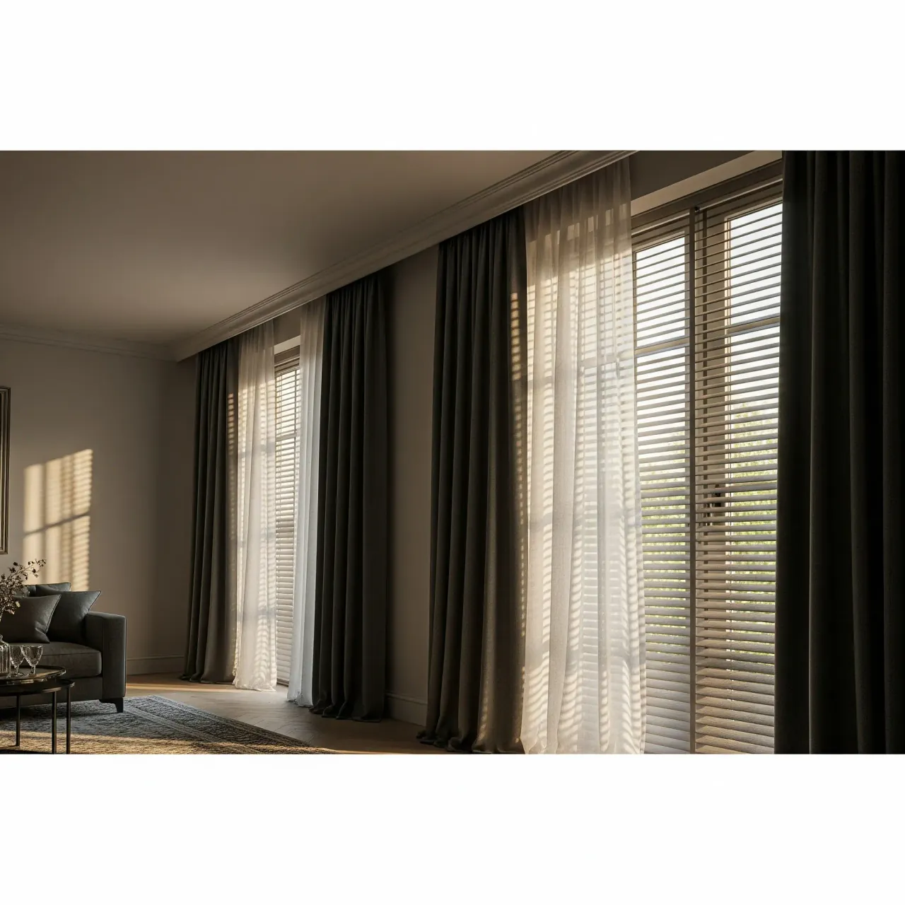 A lifestyle shot of a large glass window with sheer curtains, sunlight diffused across a designer living room