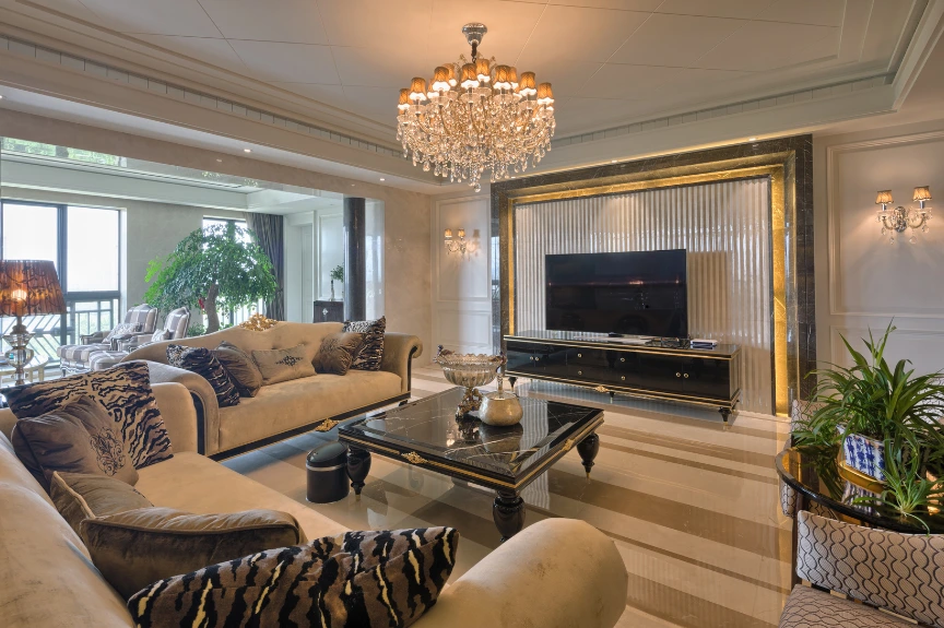 A beautifully lit modern living room in the evening
